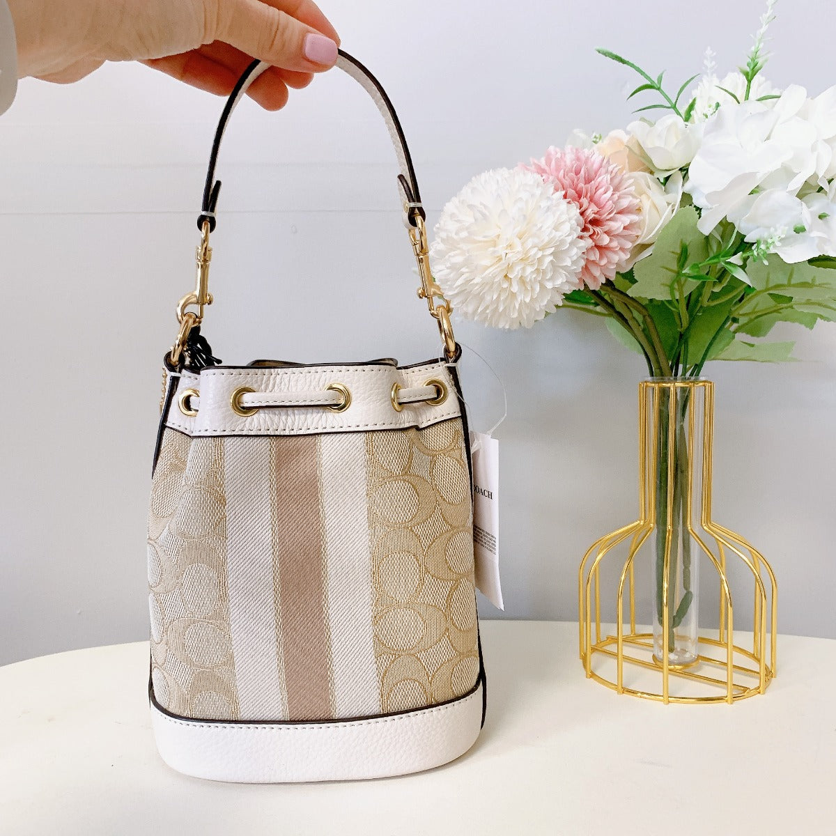 Coach C8322 Mini Dempsey Bucket Bag In Signature Jacquard In Light Khaki Chalk Coach C8322 Mini Dempsey Bucket Bag In Signature Jacquard In Light Khaki Chalk